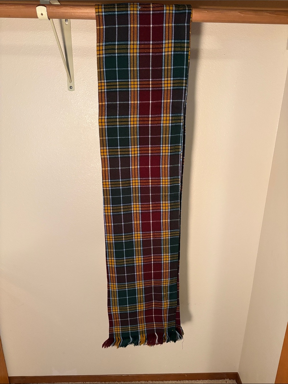 Scottish Tartan Plaid Scarf Burgundy Green Gold Fringe